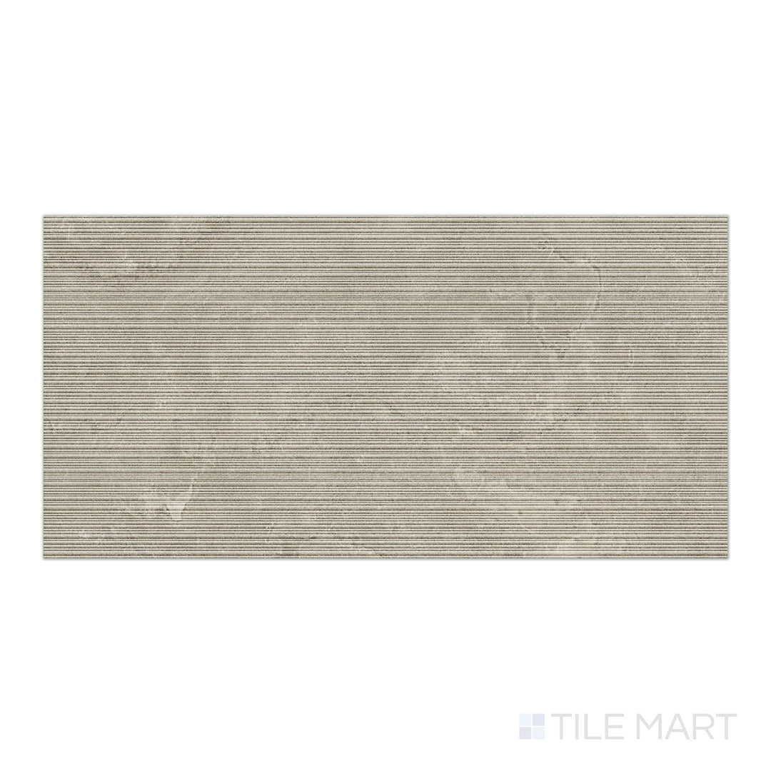 Aerial view of Dorset Ribbed Cenere 24x48 Matte Porcelain Tile with a ribbed, tactile finish and smoky gray tone ideal for modern wall installations.