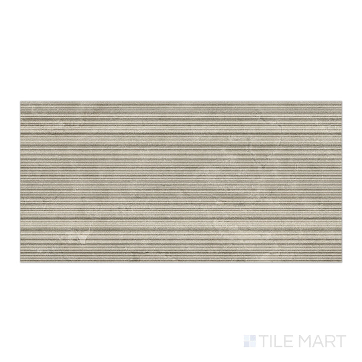 Aerial view of Dorset Ribbed Cenere 24x48 Matte Porcelain Tile with a ribbed, tactile finish and smoky gray tone ideal for modern wall installations.