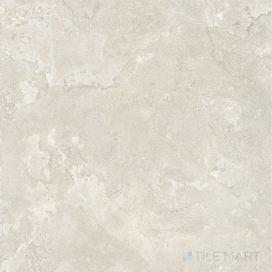 Overview shot of Dorset Cross Cut Bianco 48x48 Matte Porcelain Tile featuring creamy white stone appearance, cross-cut detailing, and an expansive matte finish for large-scale applications.