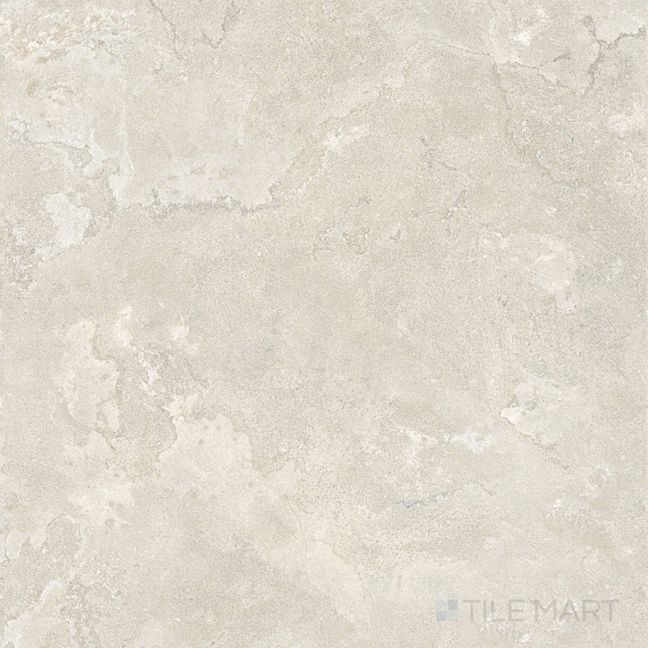 Overview shot of Dorset Cross Cut Bianco 48x48 Matte Porcelain Tile featuring creamy white stone appearance, cross-cut detailing, and an expansive matte finish for large-scale applications.
