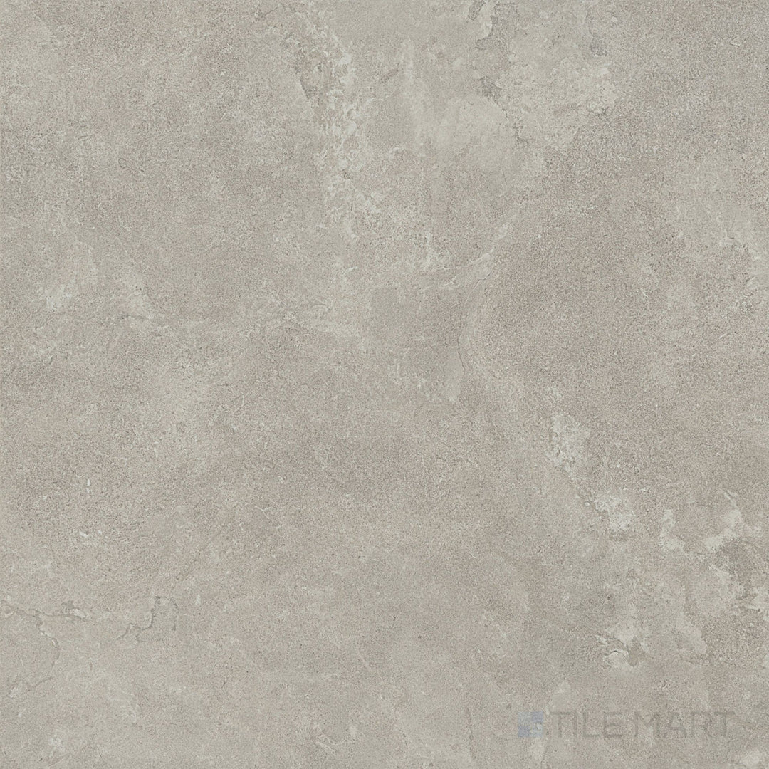 Overview shot of Dorset Cross Cut Cenere 48x48 Matte Porcelain Tile featuring gray cross-cut stone texture and matte surface, ideal for modern floors and spacious installations.
