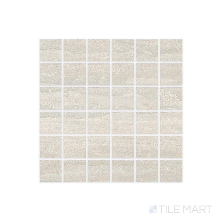 Top-down look at Dorset Cross Cut Bianco 2" Square Matte Porcelain Mosaic displaying small white mosaic pieces with soft stone texture and matte glaze.