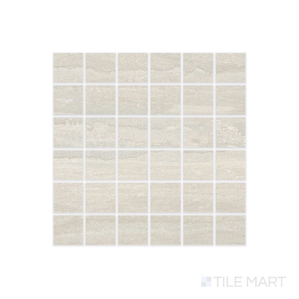 Top-down look at Dorset Cross Cut Bianco 2" Square Matte Porcelain Mosaic displaying small white mosaic pieces with soft stone texture and matte glaze.