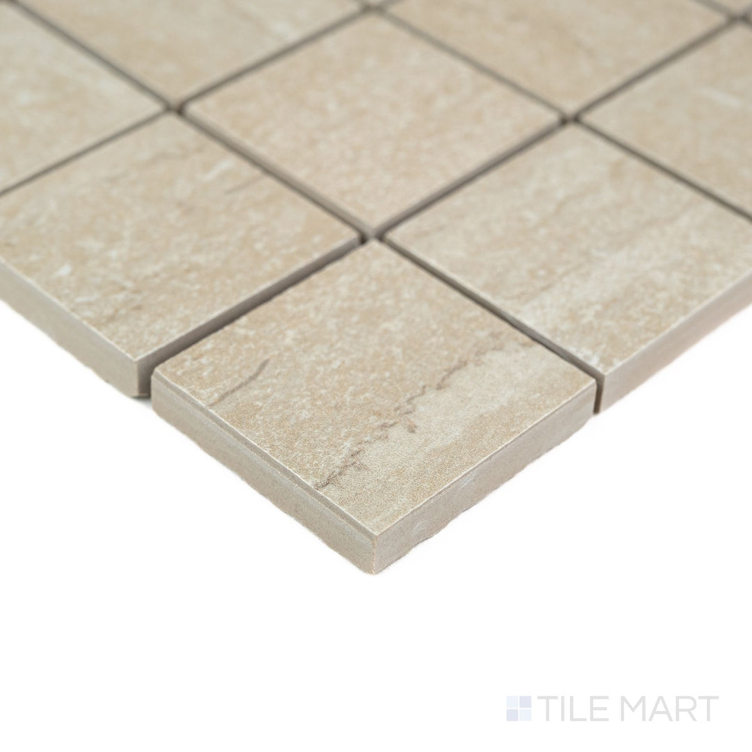 Corner detail of Dorset Cross Cut Beige 2" Square Matte Porcelain Mosaic highlighting its neutral beige palette and small format design – great for shower floors and decorative accents.