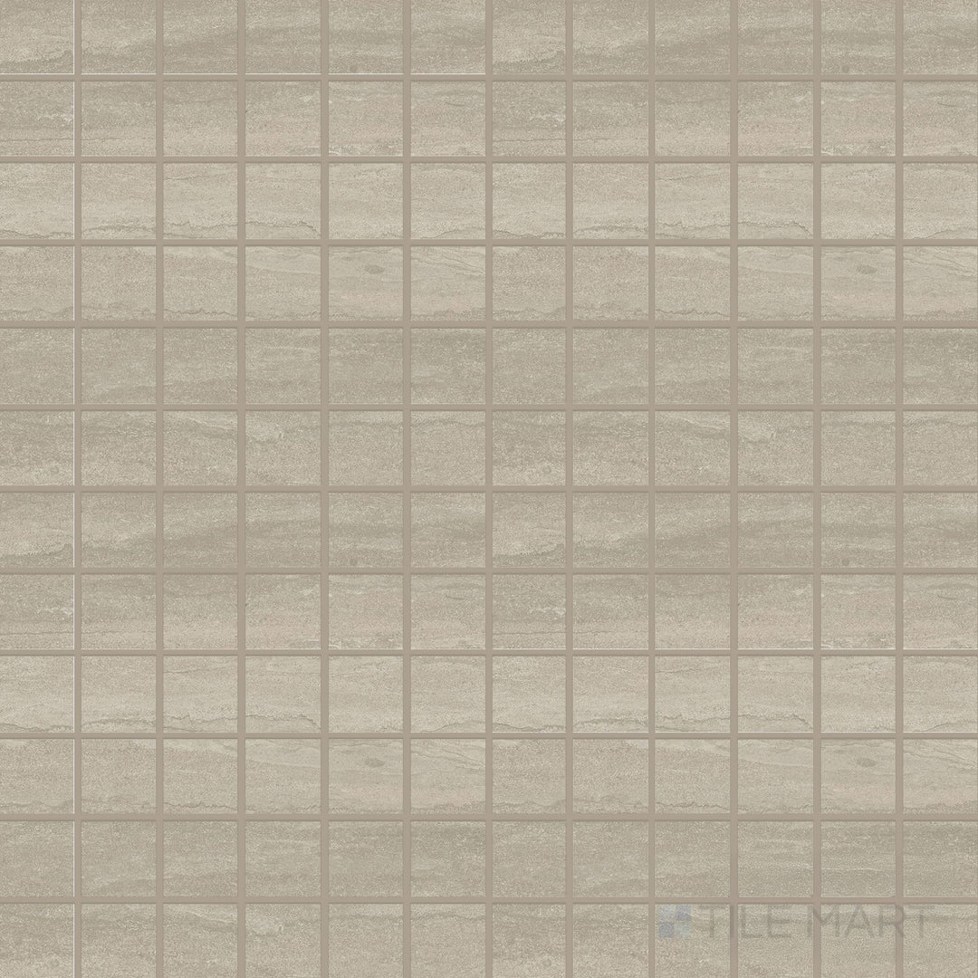 Product overview of Dorset Cross Cut Tortora 2" Square Matte Porcelain Mosaic Tile featuring taupe stone-look pattern in a small square mosaic layout with a refined matte finish.