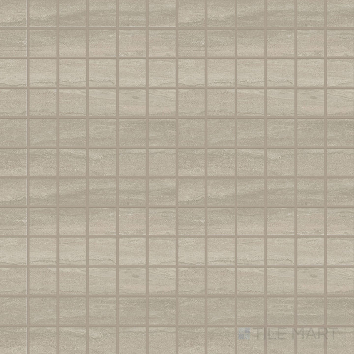 Product overview of Dorset Cross Cut Tortora 2" Square Matte Porcelain Mosaic Tile featuring taupe stone-look pattern in a small square mosaic layout with a refined matte finish.