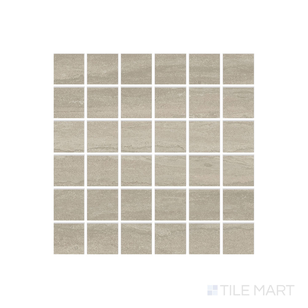 Overhead view of Dorset Cross Cut Tortora 2" Square Matte Porcelain Mosaic portraying rich taupe squares with fine stone detailing in matte finish.
