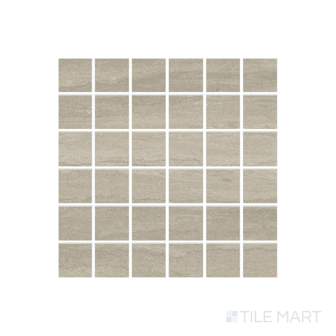 Overhead view of Dorset Cross Cut Tortora 2" Square Matte Porcelain Mosaic portraying rich taupe squares with fine stone detailing in matte finish.