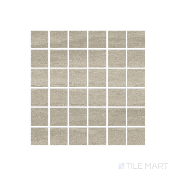 Overhead view of Dorset Cross Cut Tortora 2" Square Matte Porcelain Mosaic portraying rich taupe squares with fine stone detailing in matte finish.