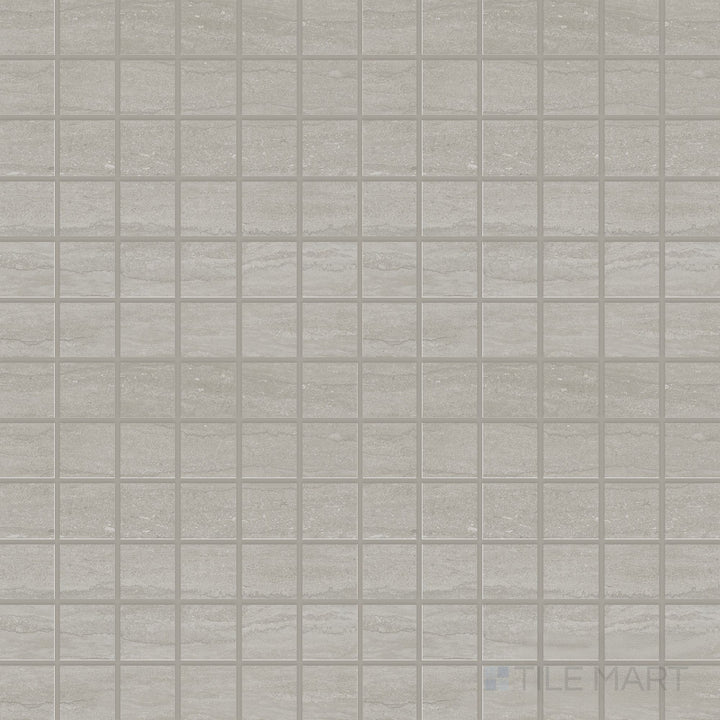 Surface view of Dorset Cross Cut Cenere 2" Square Matte Porcelain Mosaic Tile showing cool gray cross-cut stone texture, compact square layout, and matte porcelain finish.
