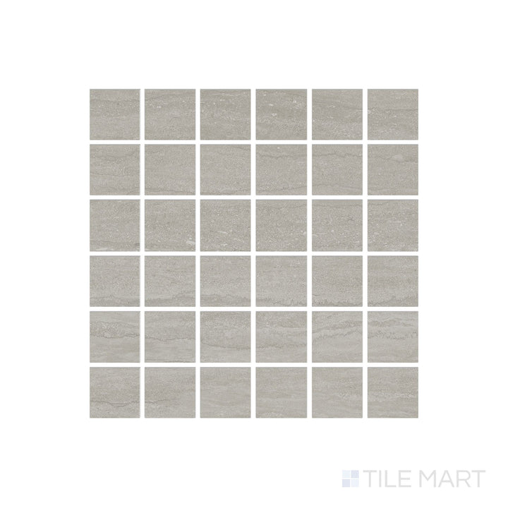 Plan view of Dorset Cross Cut Cenere 2" Square Matte Porcelain Mosaic showing deep gray mosaic tiles with textured cross-cut visuals and matte surface.