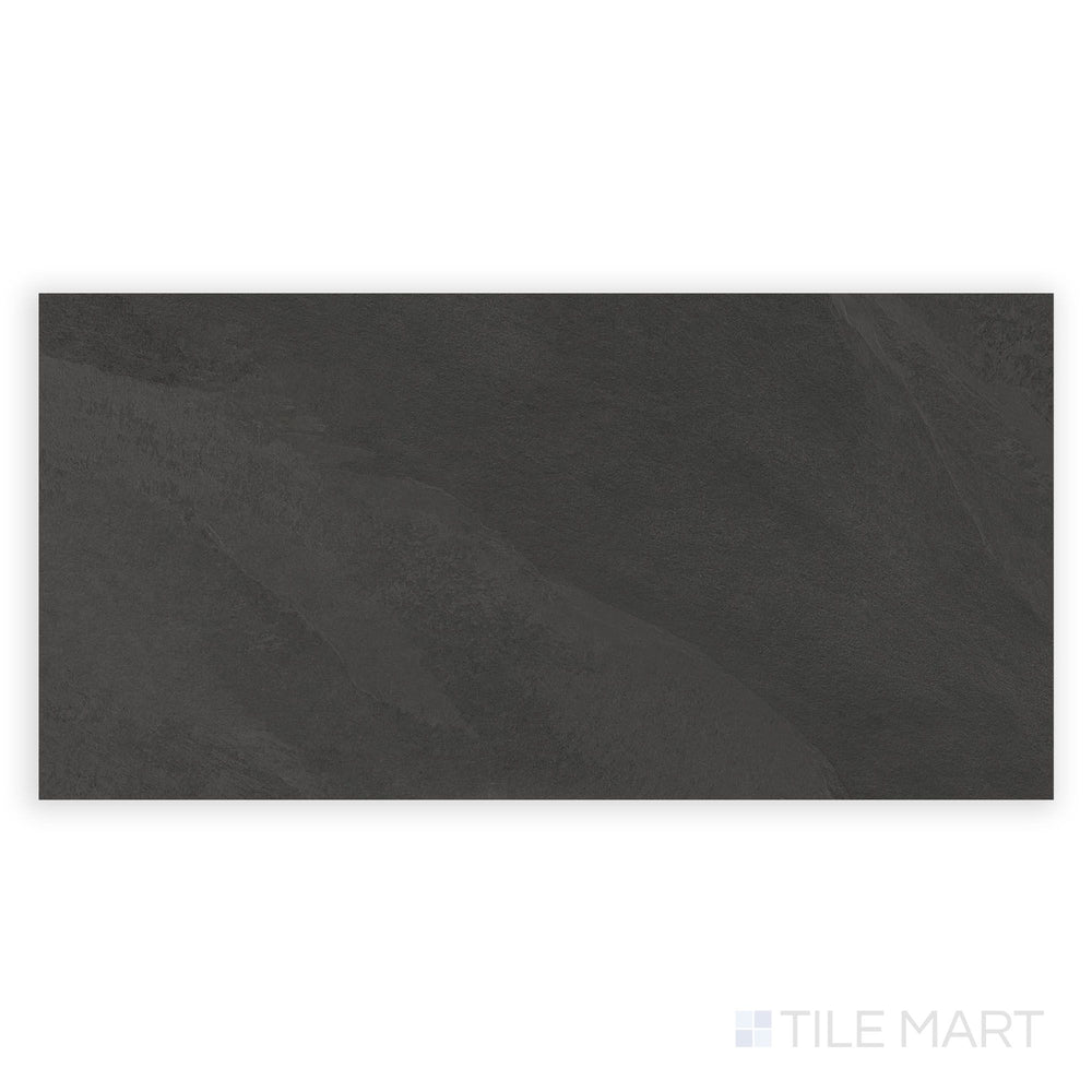 Plan perspective of Hurricane Smoke 24x48 Matte Porcelain Tile showing smoky dark tones and subtle veining ideal for bold interior floors or walls.