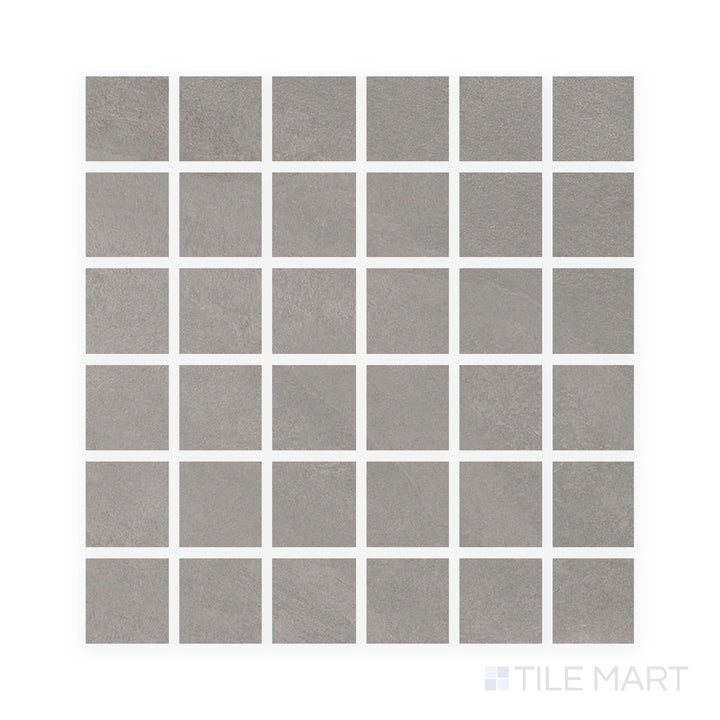 Flat shot of Hurricane Silver 2" Square Matte Porcelain Mosaic showing fine gray mosaic pieces in a matte finish designed for modern detailing.