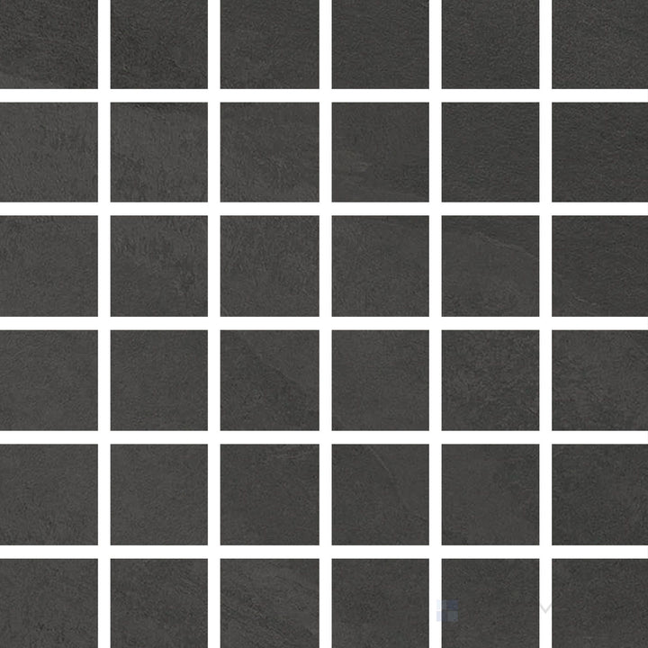 Full view of Hurricane Smoke 2" Square Matte Porcelain Mosaic Tile featuring deep charcoal tone, fine square mosaic structure, and smooth matte surface for bold design applications.