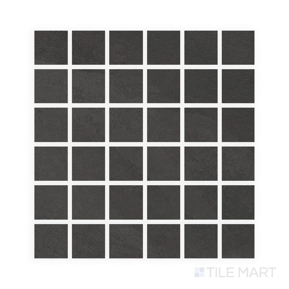 Top-facing view of Hurricane Smoke 2" Square Matte Porcelain Mosaic, combining dark moody tones and rich texture suitable for bold design features.