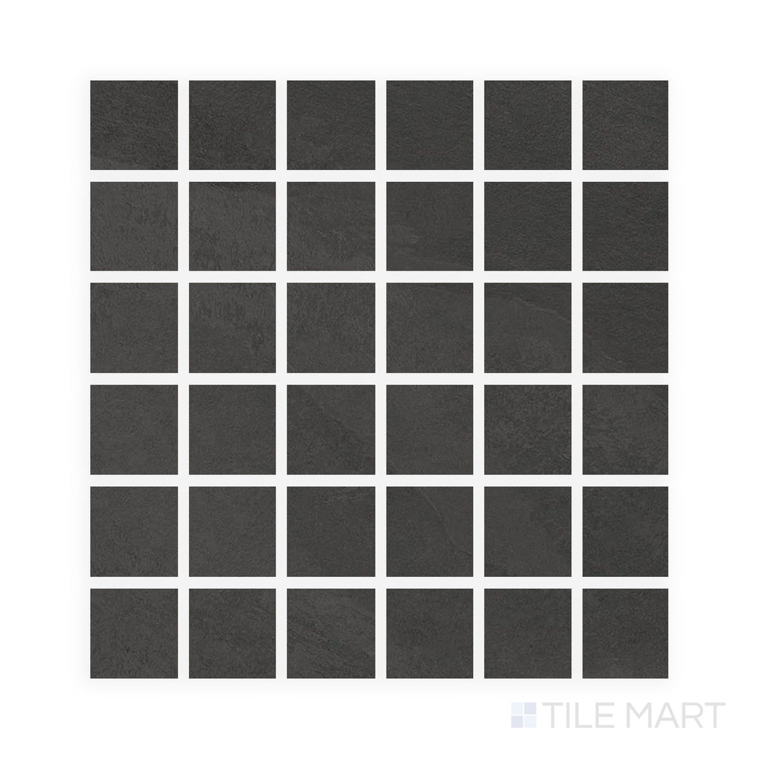 Top-facing view of Hurricane Smoke 2" Square Matte Porcelain Mosaic, combining dark moody tones and rich texture suitable for bold design features.