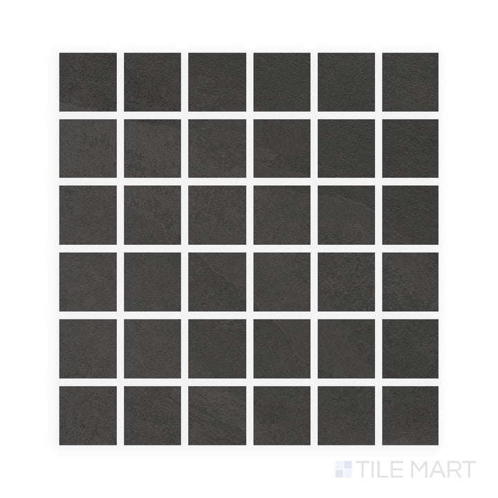 Top-facing view of Hurricane Smoke 2" Square Matte Porcelain Mosaic, combining dark moody tones and rich texture suitable for bold design features.