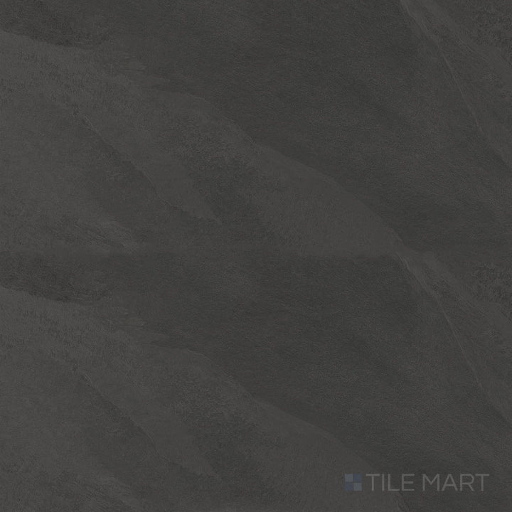 Overview of Hurricane Smoke 48x48 Matte Porcelain Tile highlighting deep charcoal tones, understated veining, and matte surface for bold, contemporary settings.