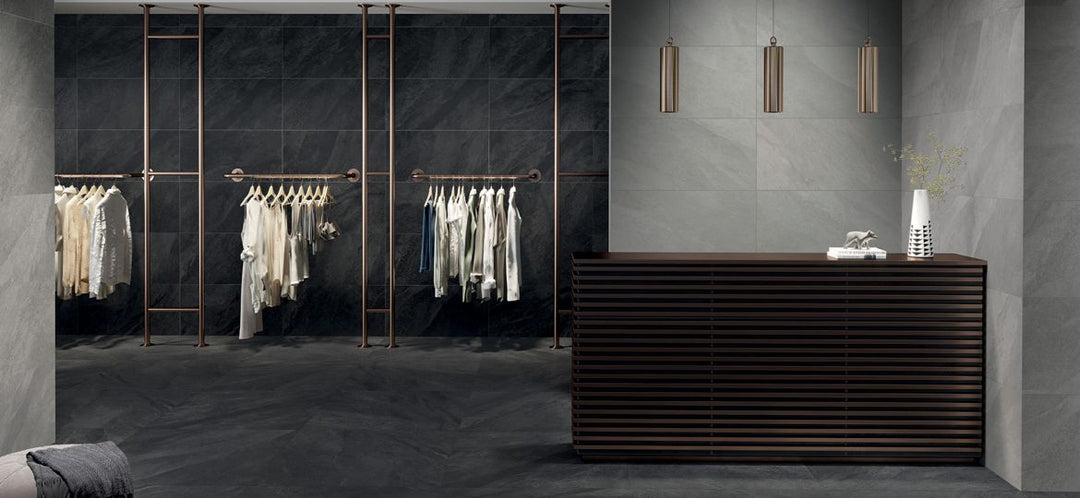 Open, modern design with Hurricane Smoke 48x48 Matte Porcelain Tile in a bold charcoal shade that adds contrast and sophistication.