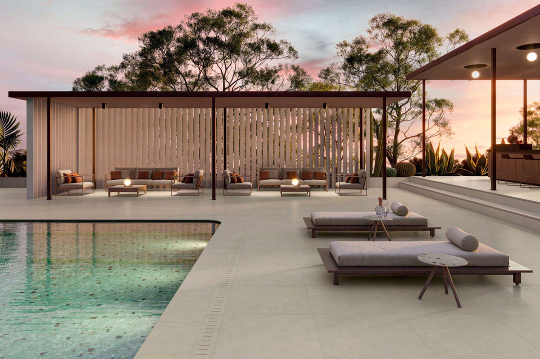 Nuances Tortora 24x48 Matte Porcelain Tile in a balanced taupe tone, styled in a modern layout to provide a neutral and versatile base.