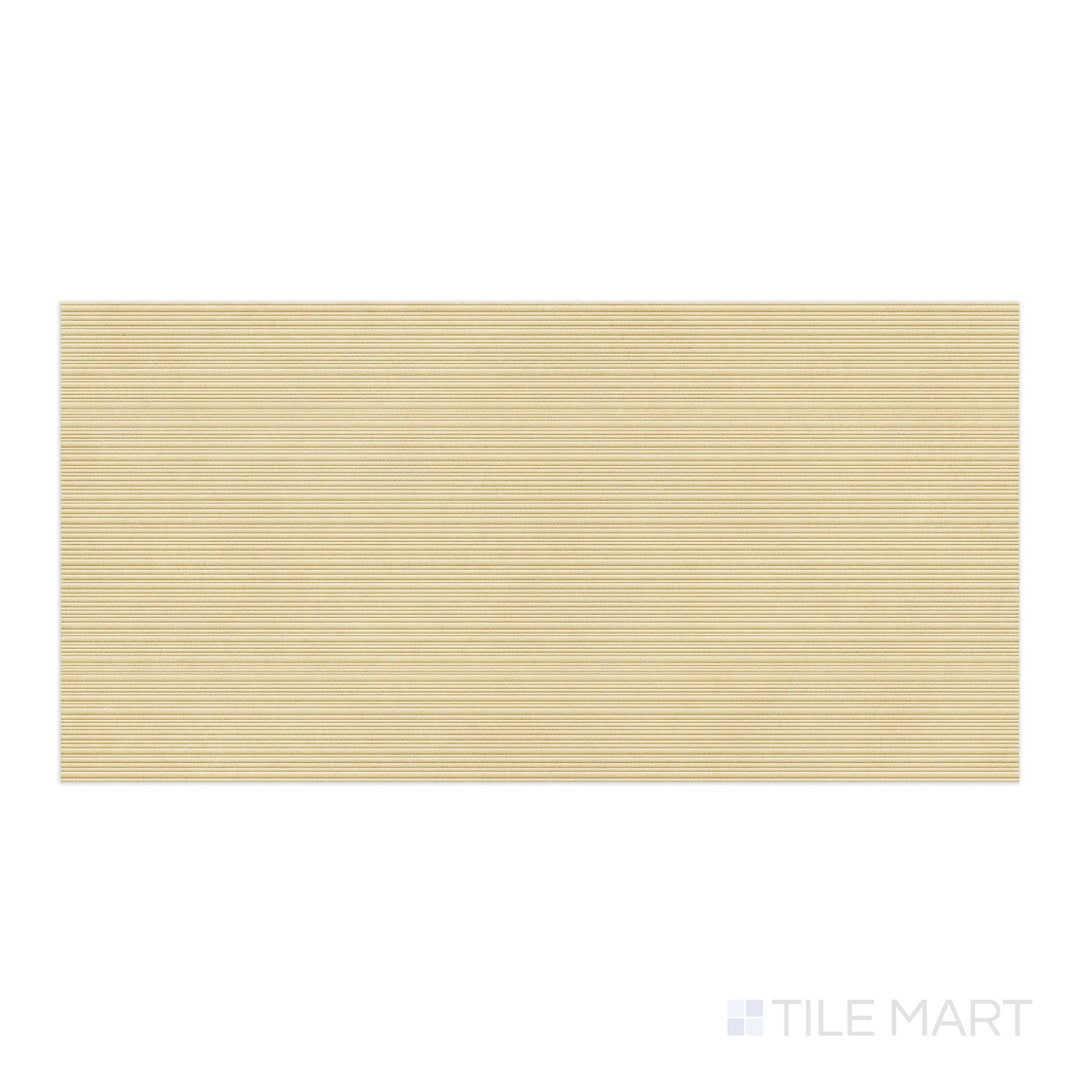 Plan-view image of Nuances Ribbed Luce 24x48 Matte Porcelain Tile, presenting a bright, ivory base with textural linear grooves for added dimension.