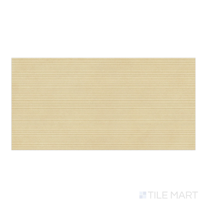 Plan-view image of Nuances Ribbed Luce 24x48 Matte Porcelain Tile, presenting a bright, ivory base with textural linear grooves for added dimension.