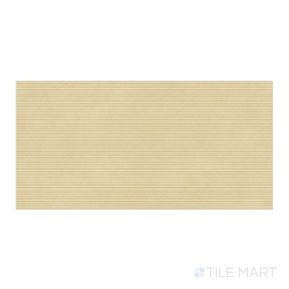 Plan-view image of Nuances Ribbed Luce 24x48 Matte Porcelain Tile, presenting a bright, ivory base with textural linear grooves for added dimension.