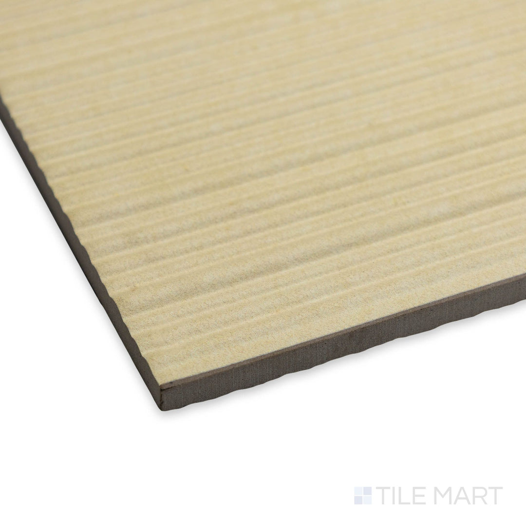 Corner perspective of Nuances Ribbed Luce 24x48 tile highlighting its clean linear texture and light neutral finish.
