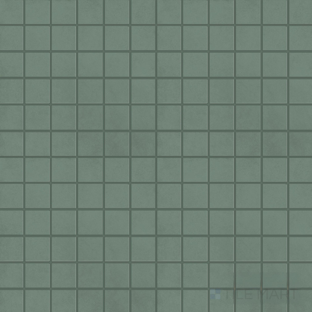 Overview of Nuances Giada 2" Square Matte Porcelain Mosaic Tile featuring deep green tone, subtle surface movement, and matte square mosaic pattern.