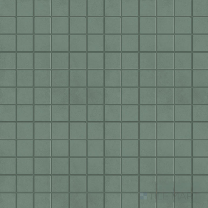 Overview of Nuances Giada 2" Square Matte Porcelain Mosaic Tile featuring deep green tone, subtle surface movement, and matte square mosaic pattern.
