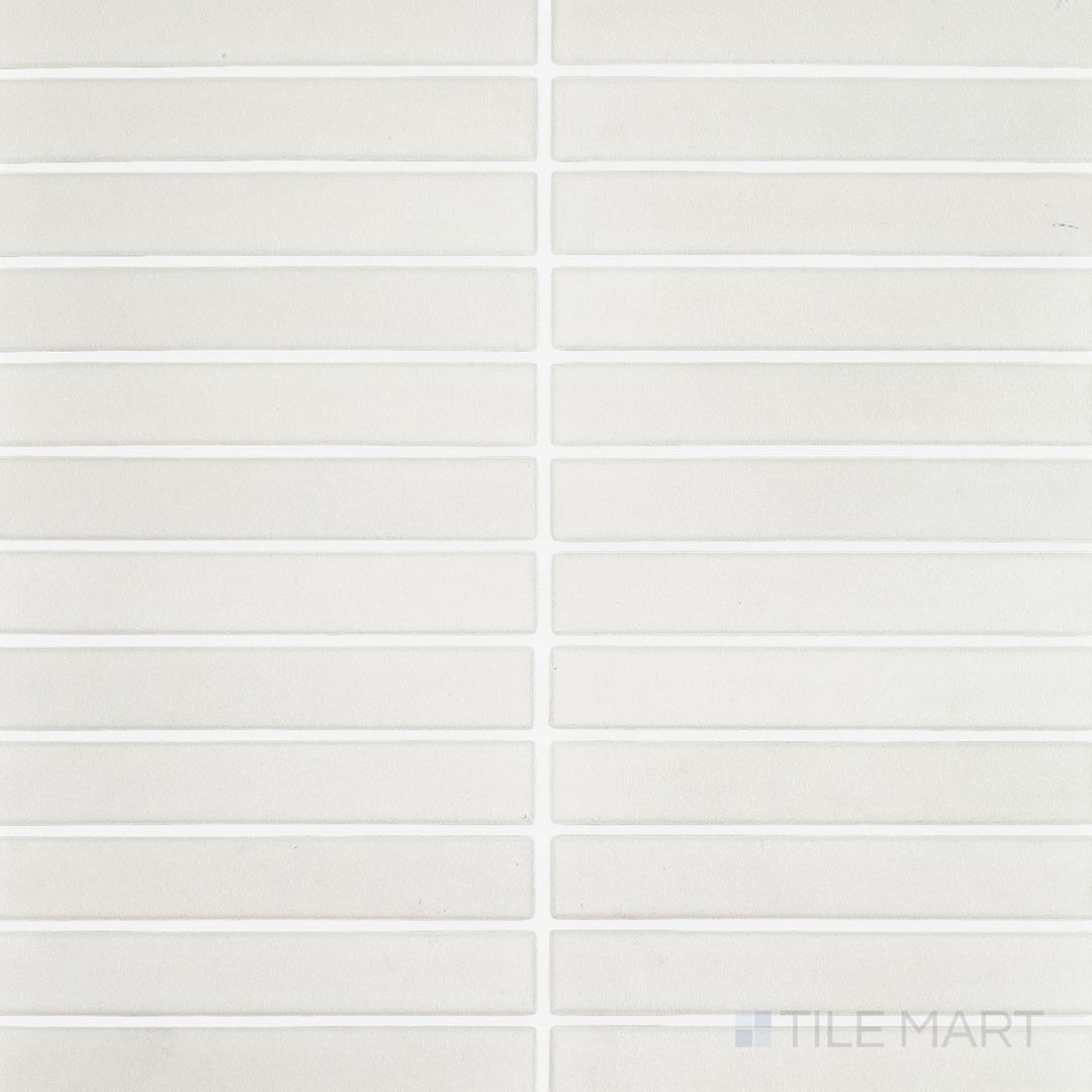 Full view of Passaggi White 1x6 Grid Matte Porcelain Mosaic Tile featuring bright white rectangular pieces in a clean grid layout with a modern matte finish.