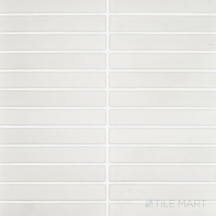 Full view of Passaggi White 1x6 Grid Matte Porcelain Mosaic Tile featuring bright white rectangular pieces in a clean grid layout with a modern matte finish.