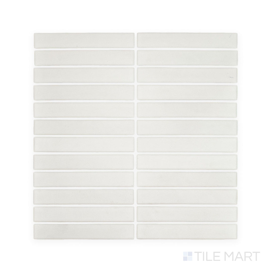 Overhead tile angle of Passaggi White 1x6 Grid Matte Porcelain Mosaic, highlighting slender rectangular mosaic lines in a clean, crisp white perfect for sleek, minimal spaces.