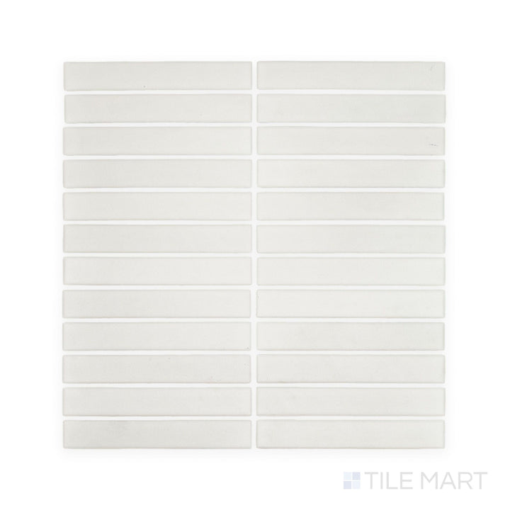 Overhead tile angle of Passaggi White 1x6 Grid Matte Porcelain Mosaic, highlighting slender rectangular mosaic lines in a clean, crisp white perfect for sleek, minimal spaces.