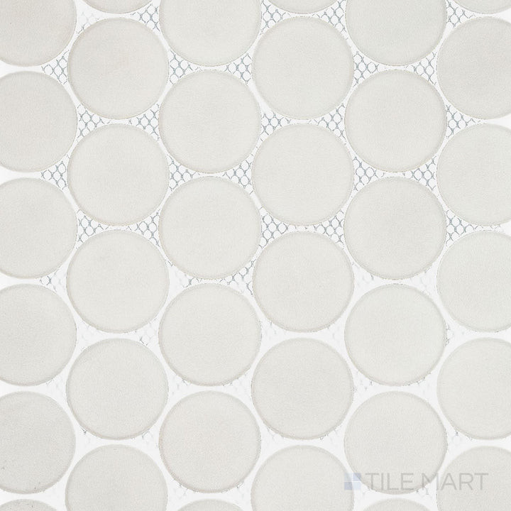 Product overview of Passaggi White 2" Round Matte Porcelain Mosaic Tile with classic circular design, smooth white tone, and matte surface ideal for backsplashes and bathrooms.