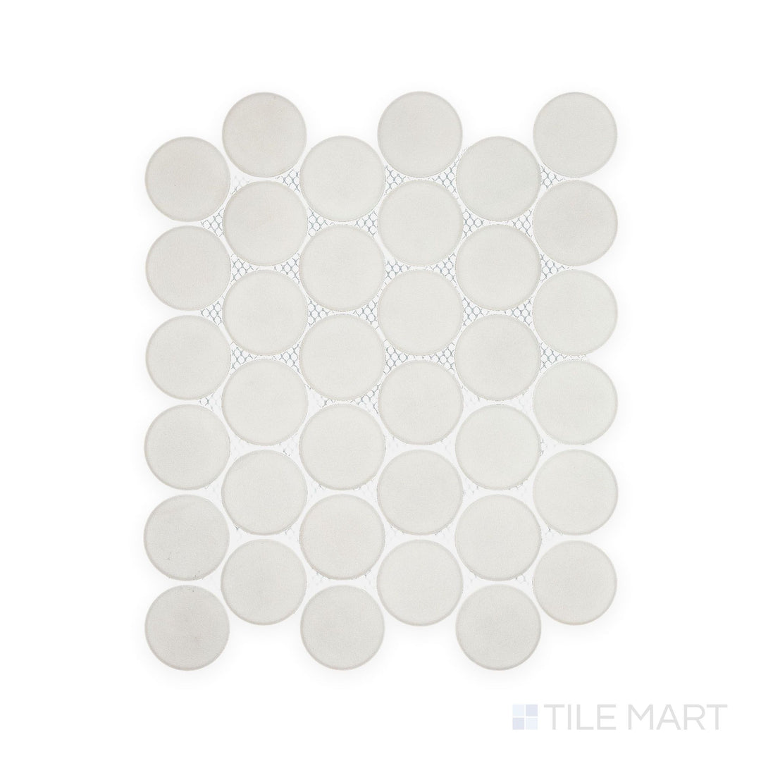 Direct mosaic layout shot of Passaggi White 2" Round Matte Porcelain Mosaic, showcasing soft circular shapes in a bright white tone for spa-style or contemporary bathrooms.