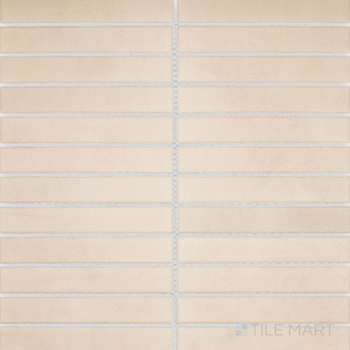 Surface view of Passaggi Beige 1x6 Grid Matte Porcelain Mosaic Tile showcasing soft beige hues, linear grid arrangement, and a matte finish for neutral interior styles.