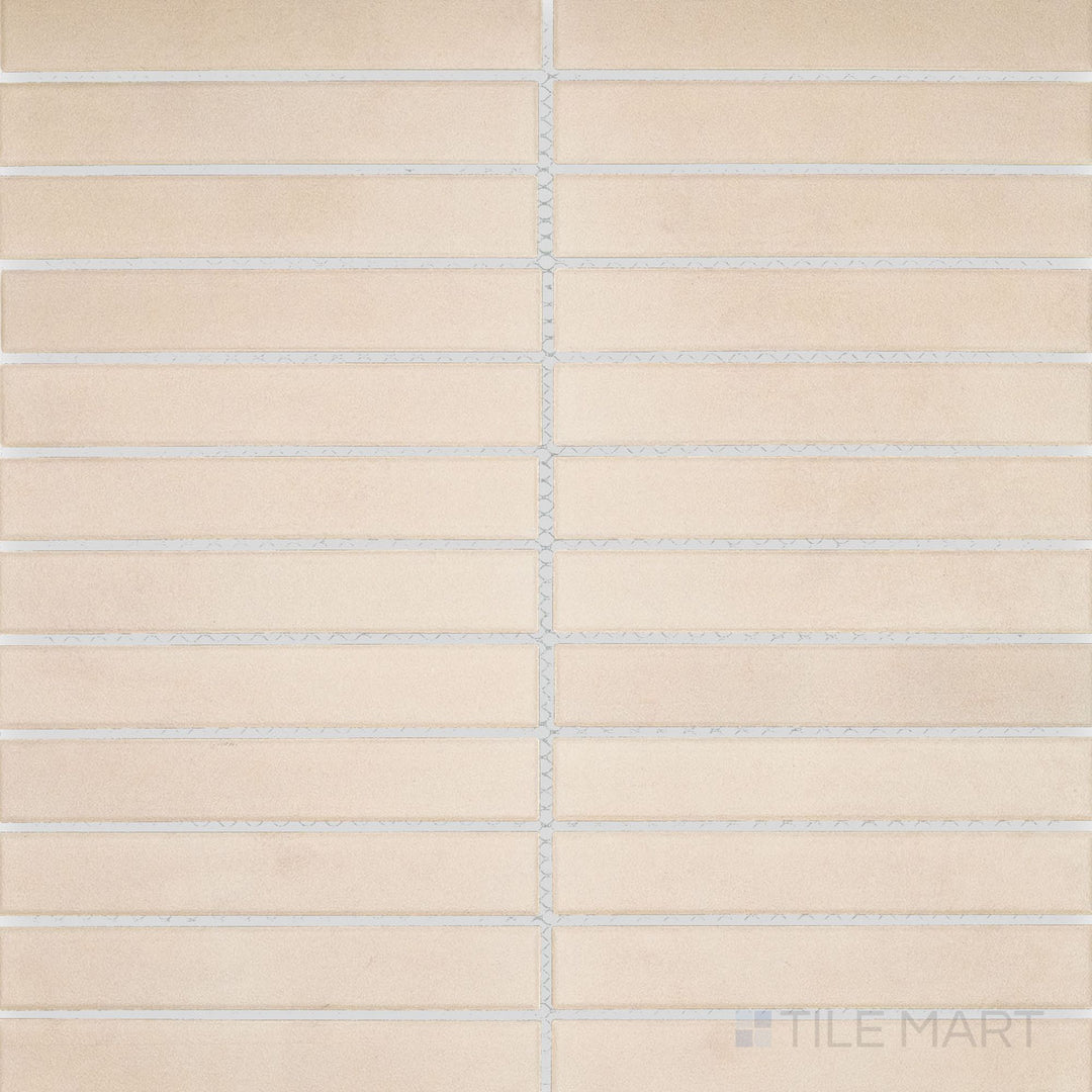 Surface view of Passaggi Beige 1x6 Grid Matte Porcelain Mosaic Tile showcasing soft beige hues, linear grid arrangement, and a matte finish for neutral interior styles.