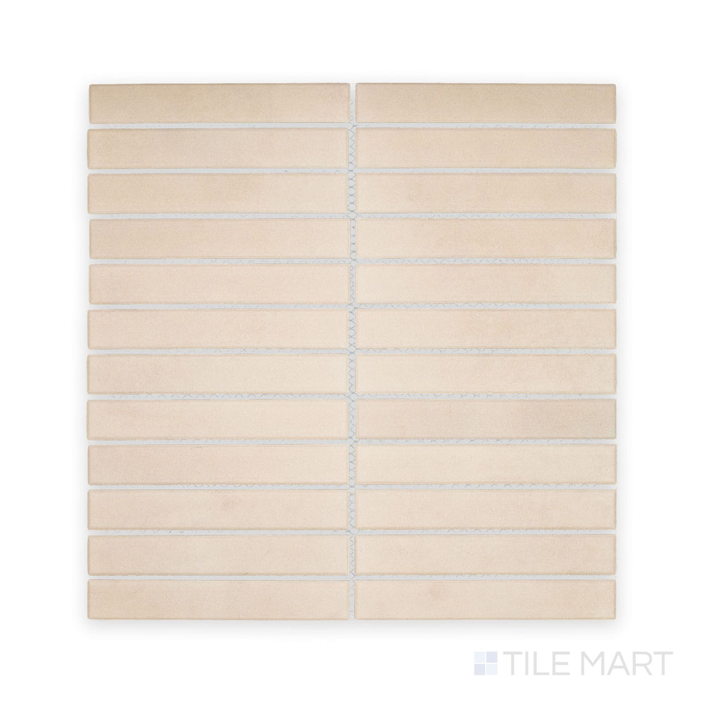 Bird’s-eye capture of Passaggi Beige 1x6 Grid Matte Porcelain Mosaic, presenting earthy warmth through narrow matte tiles arranged in a subtle linear format.