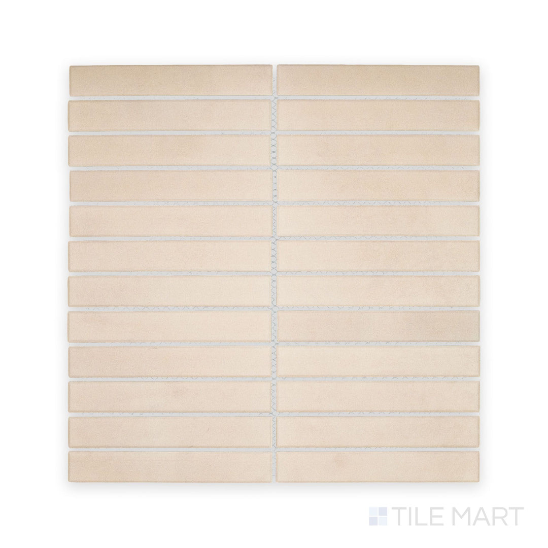 Bird’s-eye capture of Passaggi Beige 1x6 Grid Matte Porcelain Mosaic, presenting earthy warmth through narrow matte tiles arranged in a subtle linear format.