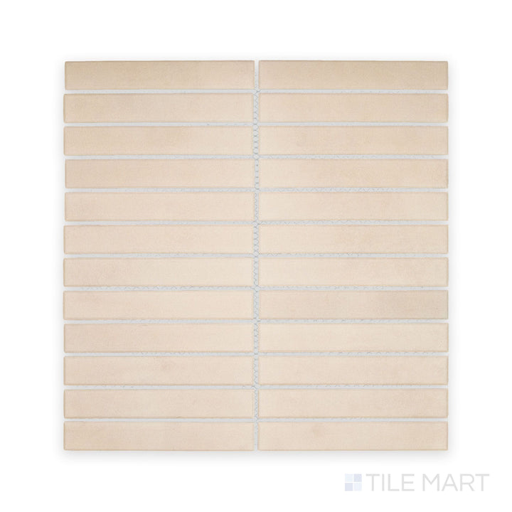 Bird’s-eye capture of Passaggi Beige 1x6 Grid Matte Porcelain Mosaic, presenting earthy warmth through narrow matte tiles arranged in a subtle linear format.