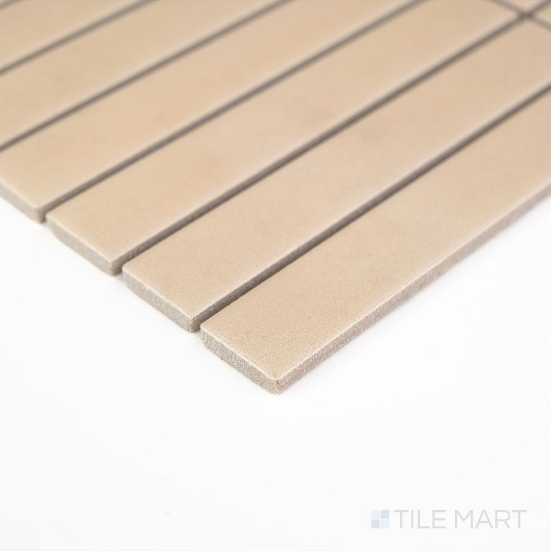 Corner detail of Passaggi Beige 1x6 Grid Matte Porcelain Mosaic highlighting warm beige tones and linear design – great for subtle yet stylish wall applications.