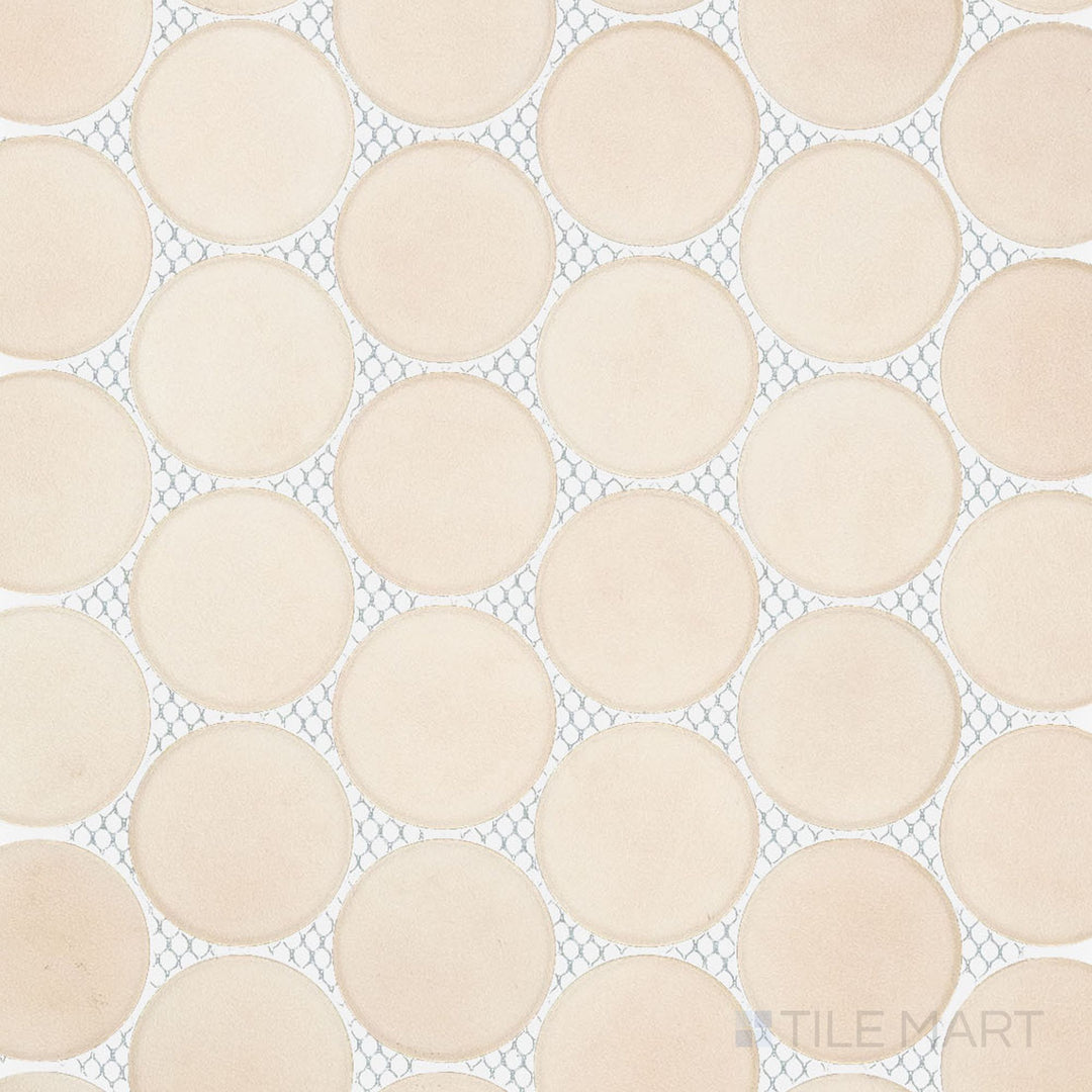 Overview of Passaggi Beige 2" Round Matte Porcelain Mosaic Tile highlighting round shapes, warm beige color, and smooth matte porcelain for contemporary accents.