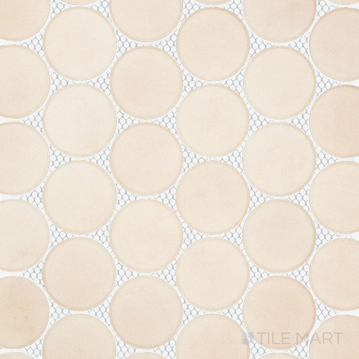 Overview of Passaggi Beige 2" Round Matte Porcelain Mosaic Tile highlighting round shapes, warm beige color, and smooth matte porcelain for contemporary accents.