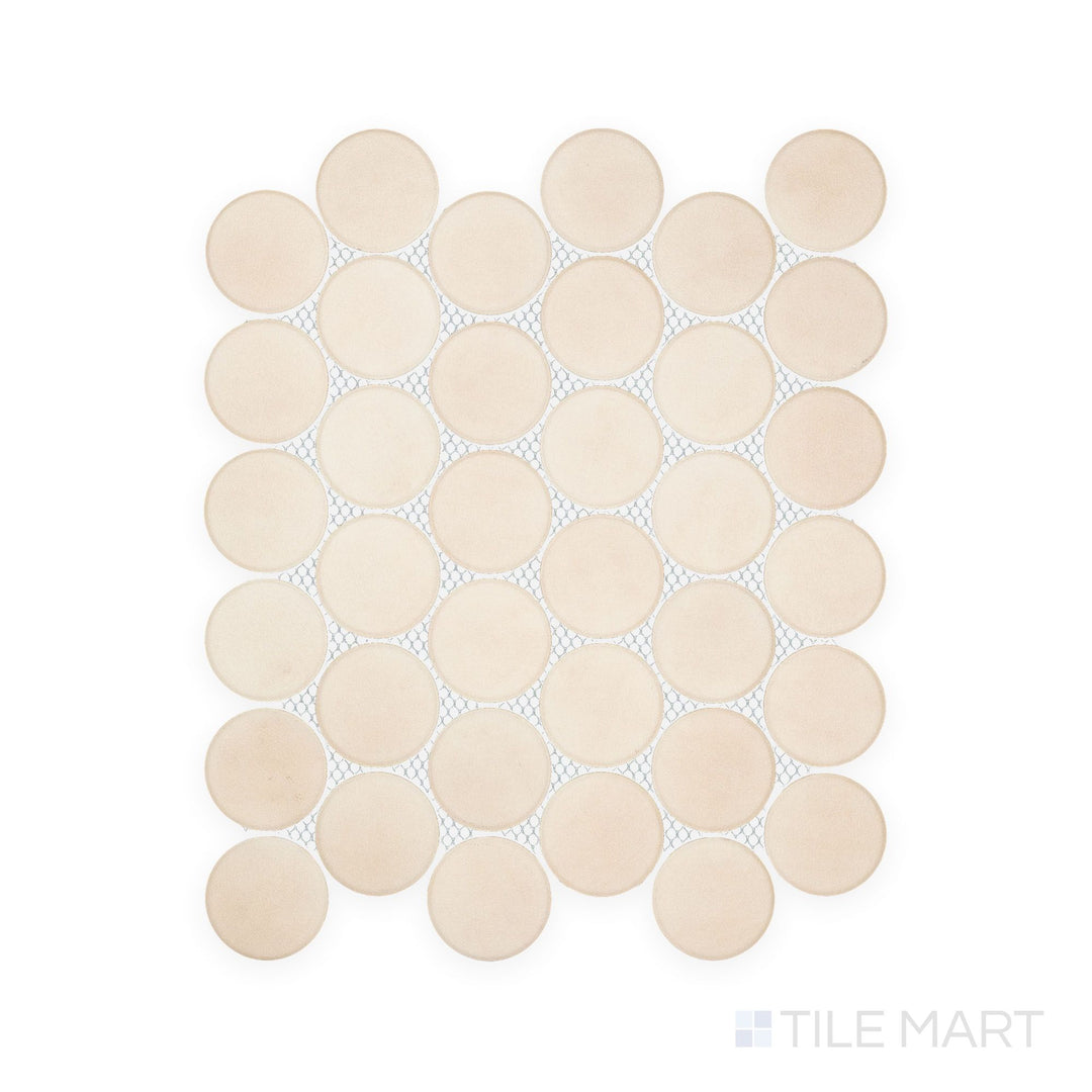 Tile surface scan of Passaggi Beige 2" Round Matte Porcelain Mosaic, revealing creamy beige rounds that add texture and organic softness to any surface design.