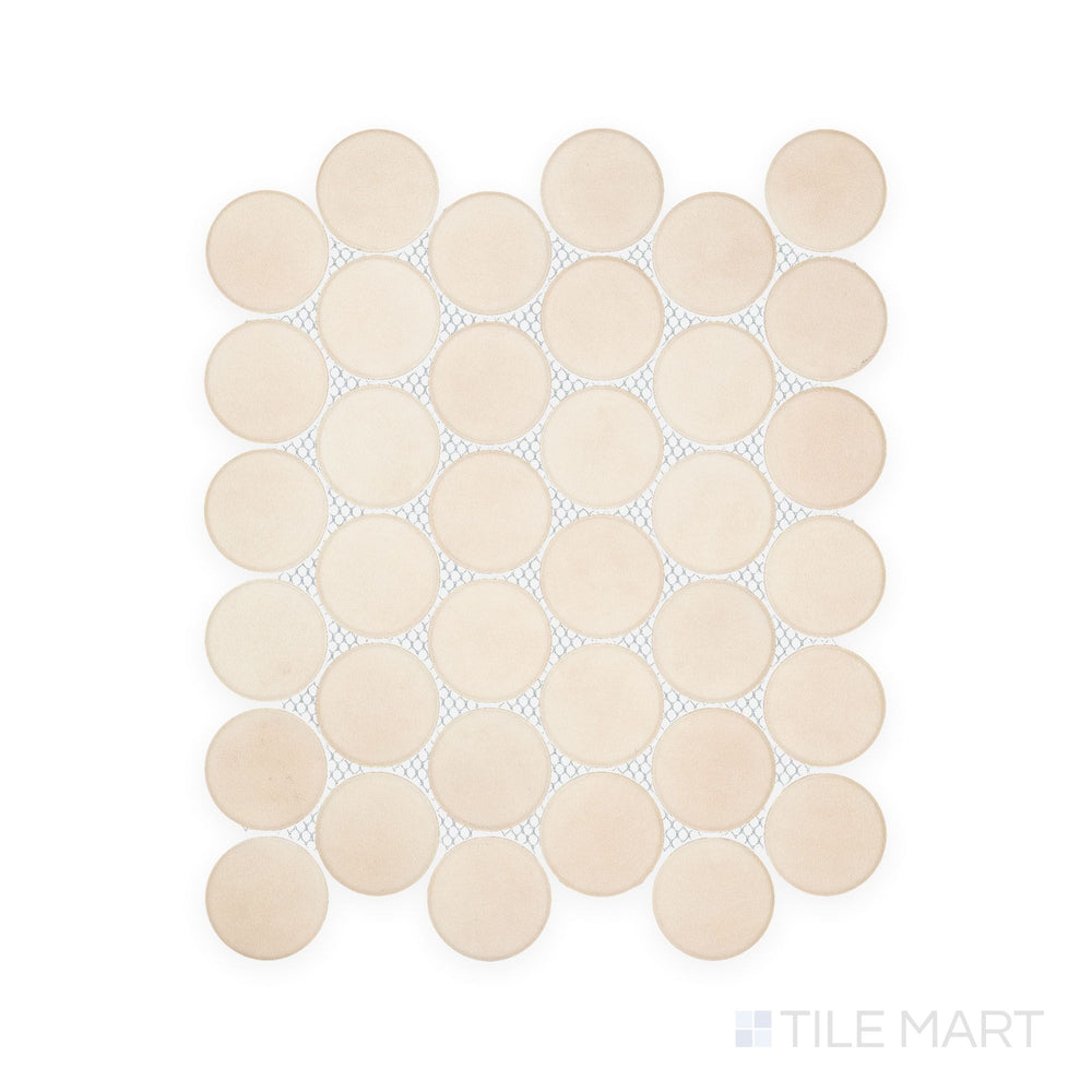 Tile surface scan of Passaggi Beige 2" Round Matte Porcelain Mosaic, revealing creamy beige rounds that add texture and organic softness to any surface design.