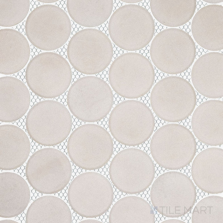 Product overview of Passaggi Grey 2" Round Matte Porcelain Mosaic Tile with soft gray tones, circular layout, and understated matte finish for walls or floors.