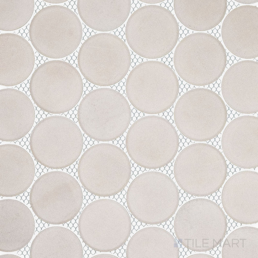 Product overview of Passaggi Grey 2" Round Matte Porcelain Mosaic Tile with soft gray tones, circular layout, and understated matte finish for walls or floors.