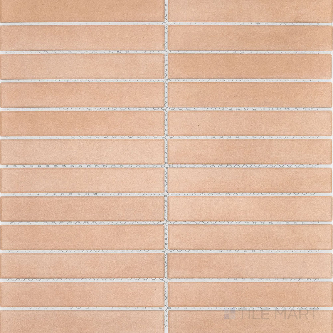 Surface view of Passaggi Blush 1x6 Grid Matte Porcelain Mosaic Tile showcasing pale rose-toned rectangles in a stylish grid pattern with matte surface.