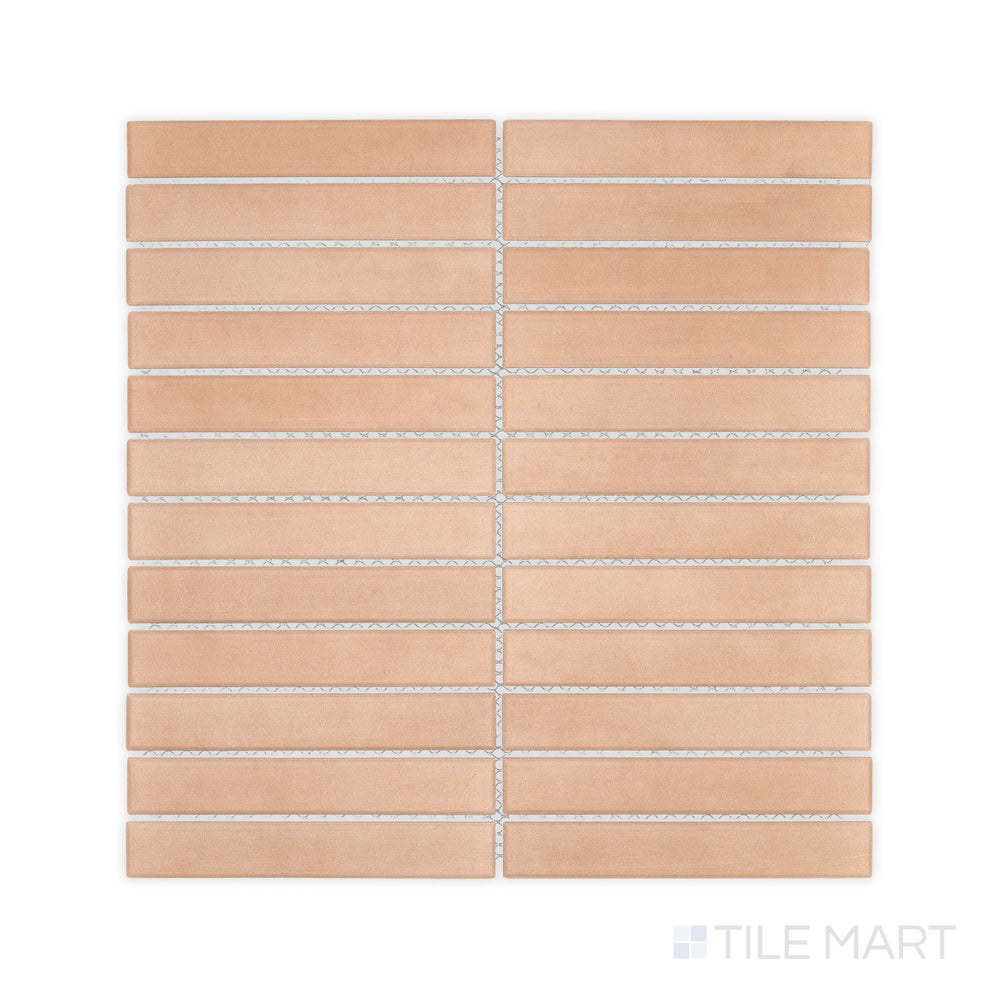 Aerial perspective of Passaggi Blush 1x6 Grid Matte Porcelain Mosaic, with delicate pink hues and thin rectangular shapes, perfect for trendy backsplashes and accent walls.